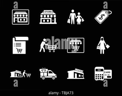 Shopping Icons Set weiß auf schwarzem Hintergrund Stock Vektor