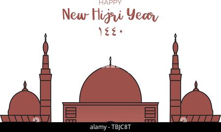 Frohes Neues Hijri Jahr 1440. Vektor urlaub Karte mit Kalligraphie, die Moschee für muslimische Feier. Islamische Illustration für Geschenkgutscheine, Banner Stock Vektor