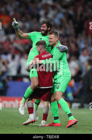 Madrid, Spanien. 01 Juni, 2019. Alisson, Alberto Moren, Simon Mignolet, Tottenham Hotspur FC V Fc Liverpool Champions League Finale 2019, 2019 Quelle: Allstar Bildarchiv/Alamy Live News Credit: Allstar Bildarchiv/Alamy leben Nachrichten Stockfoto