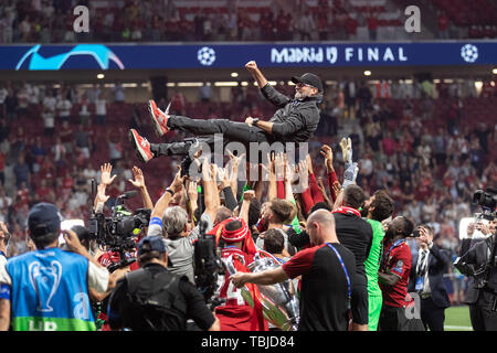 Madrid, Spanien. 01. Juni 2019. der UEFA Champions League 2018 / 2019, endgültig. Tottenham-Liverpool. Liverpool FC-Trainer Jürgen Klopp während des Spiels Tottenham-Liverpool Credit: Pro Schüsse/Alamy leben Nachrichten Stockfoto