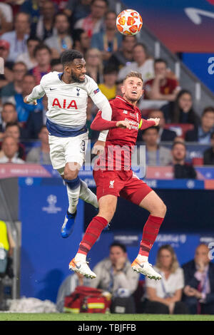 Danny Rose (Tottenham Hotspur F.C.) Jordanien Brian Henderson (FC Liverpool) während der UEFA Champions League Finale zwischen Tottenham 0-2 FC Liverpool im Estadio Metropolitano in Madrid, Spanien, 1. Juni 2019. (Foto von Maurizio Borsari/LBA) Stockfoto