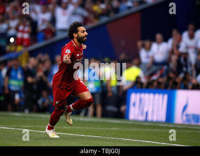 Madrid, Spanien. 01 Juni, 2019. Liverpool FC Mohamed Salah feiert, nachdem er ein Ziel während der Endrunde der UEFA Champions League Match zwischen Tottenham Hotspur FC und FC Liverpool an Wanda Metropolitano Stadion in Madrid. Final Score: Tottenham Hotspur FC 0 - 2 FC Liverpool. Credit: SOPA Images Limited/Alamy leben Nachrichten Stockfoto