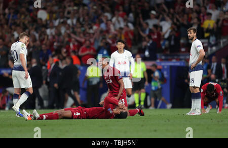 Madrid, Spanien. 01 Juni, 2019. Joel Matip, Virgil Van Dijk, Harry Kane, Sohn Heung Min, Fernando Llorente, Tottenham Hotspur FC V Fc Liverpool Champions League Finale 2019, 2019 Quelle: Allstar Bildarchiv/Alamy leben Nachrichten Stockfoto