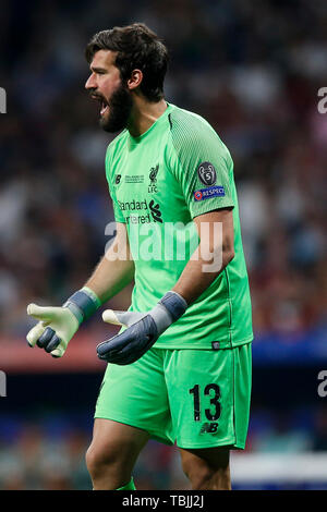 Madrid, Spanien. 01 Juni, 2019. Alisson Becker von der Liverpool während der UEFA Champions League Finale zwischen den Tottenham Hotspur und Liverpool an Wanda Metropolitano am 1. Juni 2019 in Madrid, Spanien. (Foto von Daniel Chesterton/phcimages.com) Credit: PHC Images/Alamy leben Nachrichten Stockfoto