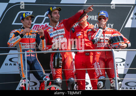 Mugello, Italien. 02 Juni, 2019. Podium motoGP Petrucci, Marquez, Dovizioso Credit: Unabhängige Fotoagentur/Alamy leben Nachrichten Stockfoto