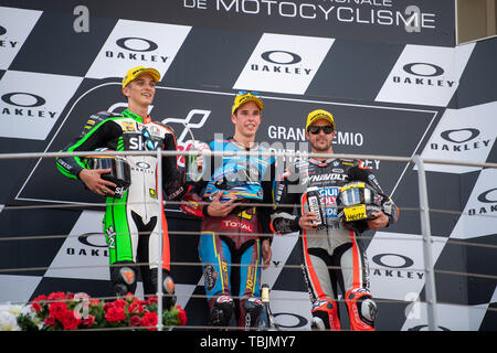 Mugello, Italien. 02 Juni, 2019. Podium Moto2, Marquez, Marini, Luthi Credit: Unabhängige Fotoagentur/Alamy leben Nachrichten Stockfoto