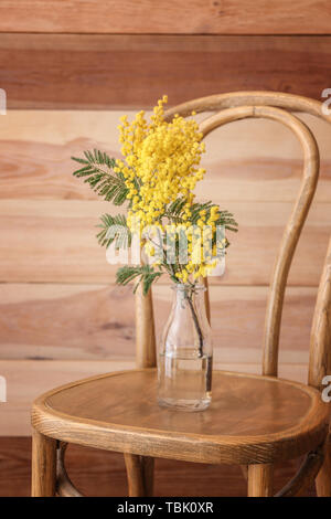 Stuhl mit mit schönen Mimosa Blumen in der Nähe von Holz- wand Stockfoto