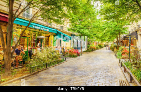 Paris im Frühling aquarell Öl - Lack Filter. Böhmische Les Marais 4. Bezirk mit Menschen entspannend in Cafes auf einem von Bäumen gesäumten Boulevard Stockfoto