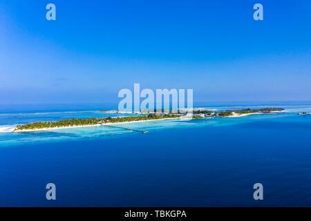 Luftaufnahme, Lagune der Malediven Insel Olhuveli und Bodufinolhu bzw. Fun Island Resort, Süd-Male-Atoll, Malediven Stockfoto