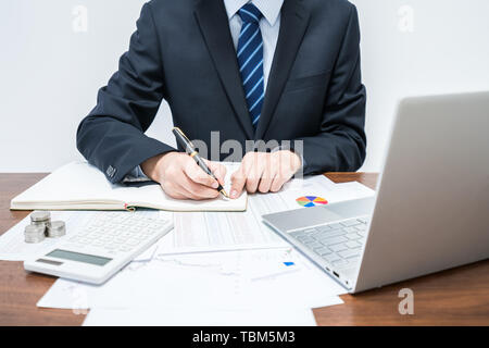 Unternehmer, die Datensätze in einem Notebook Stockfoto