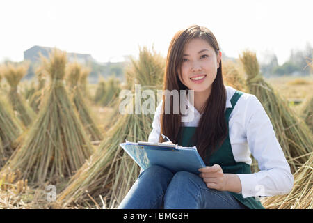 Junge hübsche chinesische Frau sitzt im goldenen Feld Getreide Stockfoto