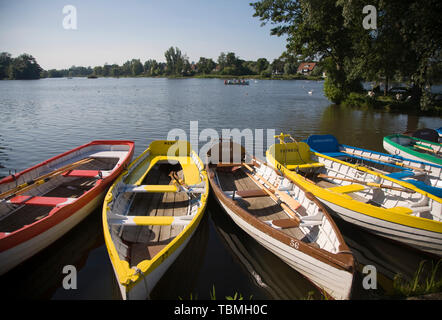 Bunte Ruderboote auf dem Meare bootfahren Teich See in Ulfborg, Suffolk, England, Großbritannien Stockfoto