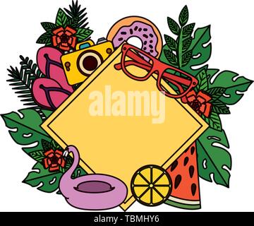 Sommer Rahmen mit Blätter Pflanzen und Symbole Stock Vektor