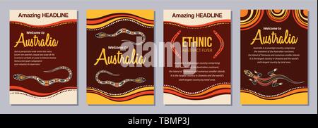 Abstrakte farbenfrohe Flyer, Poster, Banner, Plakate, Broschüre Design vorlagen A6 Größe. Ethnischen stil Broschüre vorlagen. Aboriginal Art. Stock Vektor