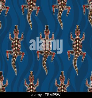 Nahtlose Muster von Krokodilen mit abstrakten Wellen auf Hintergrund. Australische Kunst der Aborigines Malerei Stil. Vector Farbe Hintergrund. Stock Vektor