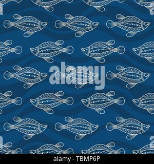 Nahtlose Muster der Fische Silhouetten mit abstrakten Wellen auf Hintergrund. Australische Kunst der Aborigines Malerei Stil. Vector Farbe Hintergrund. Stock Vektor