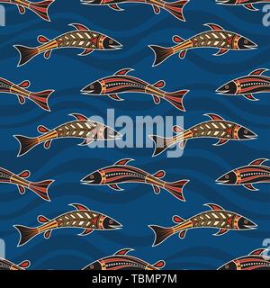 Nahtlose Muster der Fische mit abstrakten Wellen auf Hintergrund. Australische Kunst der Aborigines Malerei Stil. Vector Farbe Hintergrund. Stock Vektor