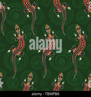 Nahtlose Muster von Eidechsen mit abstrakten Kreise auf Hintergrund. Australische Kunst der Aborigines Malerei Stil. Vector Farbe Hintergrund. Stock Vektor