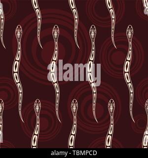 Nahtlose Muster von Schlangen Silhouetten mit abstrakten Kreise auf Hintergrund. Australische Kunst der Aborigines Malerei Stil. Vector Farbe Hintergrund. Stock Vektor