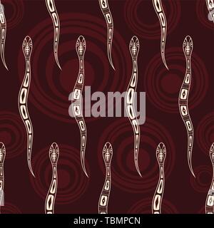 Nahtlose Muster von Schlangen Silhouetten mit abstrakten Kreise auf Hintergrund. Australische Kunst der Aborigines Malerei Stil. Vector Farbe Hintergrund. Stock Vektor