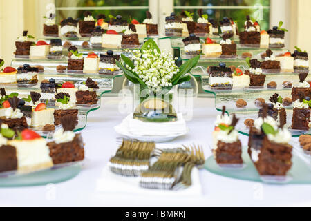 Catering. Off-site Essen. Buffet mit verschiedenen Süße Schokolade Häppchen, Sandwiches und Snacks mit Quark, Erdbeeren, Käse und Minze Stockfoto