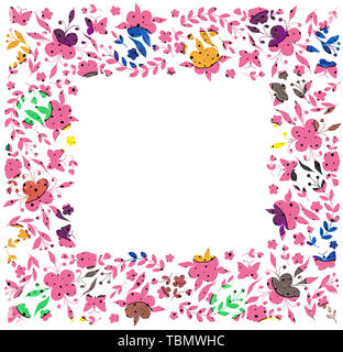 Rosa Blumen, quadratischen Rahmen auf weißem Hintergrund. Von Hand bemalt Stockfoto