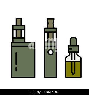 Vaping Gerät und Zubehör. Elektronische Zigarette und Flaschen mit vape Flüssigkeit. e-liquid, e-Saft. Mockup von vape Flasche mit Flüssigkeit. Isolierte Vektor Stock Vektor