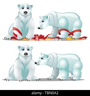 Eine Reihe von animierten Eisbären und einem festlichen roten Schleife auf weißem Hintergrund. Beispiel für Poster, party Urlaub Einladung, festliche Karte Stock Vektor