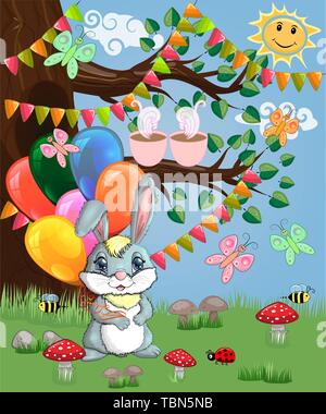 Cute cartoon Bunny mit einem Arm voller Kugeln in einer Waldlichtung. Frühling, Liebe, Postkarte Stock Vektor