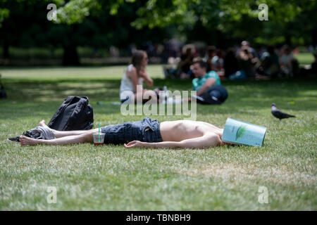 Ein Mann sunbathes in St. Jame's Park in London. Stockfoto