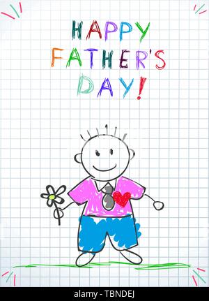 Happy Vatertag Grußkarte. Baby Zeichnung Abbildung mit Hand gezeichnet Papa halten Blume auf grünem Gras auf kariertem Papier Hintergrund stehen. Baby Co Stock Vektor