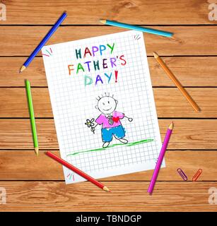 Happy Vatertag Baby Hand gezeichnet Abbildung: Papa Holding Blume auf Überprüft Blatt Papier oder graphischen Papier auf Holztisch mit Buntstiften Zurück Stock Vektor