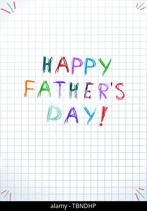 Happy Vatertag Typographie auf karierten Notebook Blatt oder graphischen Papier Hintergrund, Buntstifte Schriftzug, Kids Hand Angebot für Gruß Geschrieben Stock Vektor