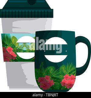 Becher und Container mit tropischen Blumen drucken Stock Vektor