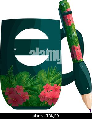Becher und Stift mit tropischen Blumen drucken Stock Vektor