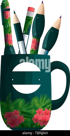 Becher und liefert mit tropischen Blumen drucken Stock Vektor