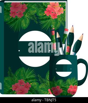 Becher und Buch mit tropischen Blumen drucken Stock Vektor