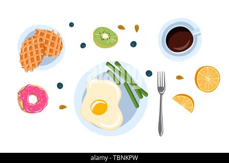Stillleben mit Frühstück in einem flachen doodle Stil, Ansicht von oben. Vector Illustration Stock Vektor