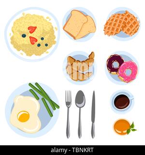 Stellen Sie beim Frühstück in flachen doodle Stil, Ansicht von oben. Verschiedene morgen Gerichte. Vector Illustration Stock Vektor