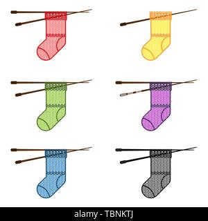 Icon Set von gestrickten Socken in verschiedenen Farben. Vector Illustration Stock Vektor