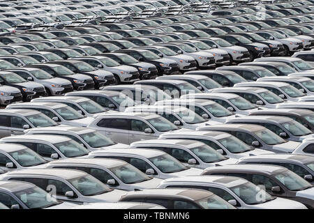 Reihe von neuen Autos für Verkauf im Hafen Stockfoto