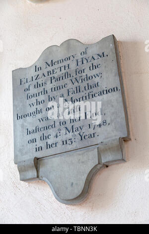 Denkmal für einen Elizabeth Hyam, die bis 113 Kirche der Heiligen Maria, Boxford, Suffolk, England lebte, starb 1748 in Großbritannien Stockfoto