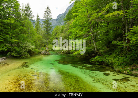 Farbenfrohe Frühling Panorama der Sava Bohinjka am Wocheiner See Dorf Ukanc. Malerische moning Szene im Triglav National Park, in den Julischen Alpen. Stockfoto