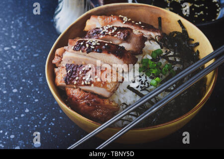 Schale Reis mit gegrilltem Huhn im japanischen Stil oder Yakitori mit grauem Ton farbe Konzept don angewendet. Stockfoto