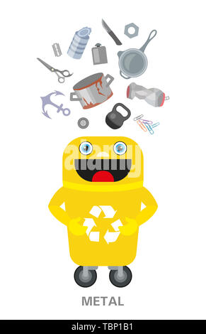 Metallische Abfälle alt. Müll sortieren Thema. Garbage Recycling. Flache Bauform für Infografik oder Informationen Poster Stockfoto