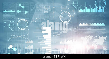 Business Intelligence Dashboard mit Leistungsindikatoren auf einem virtuellen Computer Interface. Stockfoto