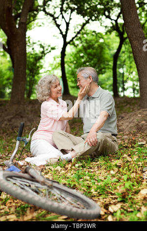 Ein älteres Ehepaar einen Ausflug in den Park. Stockfoto