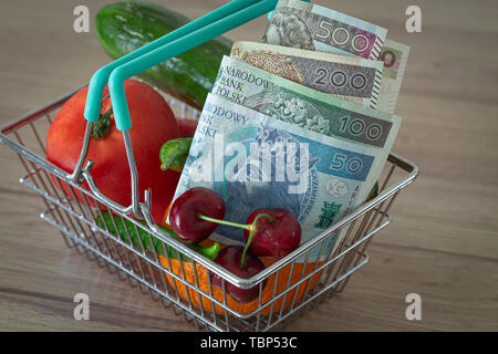 Gemüse und Früchte in den Warenkorb zusammen mit polnischen Geld / das Konzept der Essen Preis erhöhen. Stockfoto