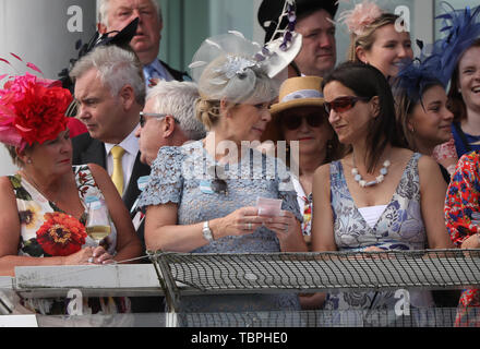 Ruth Langsford überprüft Ihr Wetten rutscht bei der investec Epsom Derby Pferderennen, Epsom, Surrey, UK am 1. Juni 2019. Stockfoto