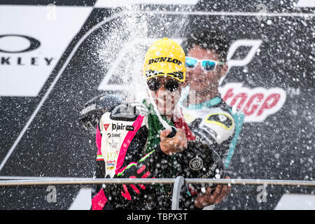 2. Juni 2019, Stromkreis des Mugello, Scarperia, Florenz, Italien; MotoGP von Italien, Race Day; Tony Arbolino (vne Scharfschützen) gewinnt die Moto3 Rennen Stockfoto